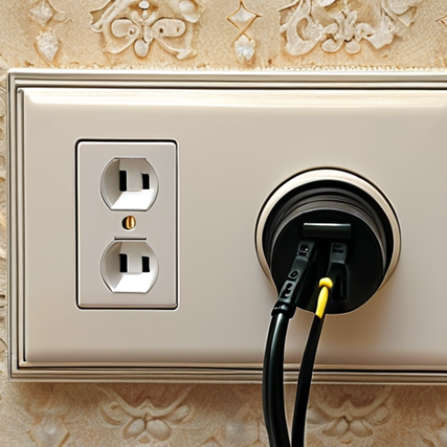 Home 4 **
* Prompt: A Turkmen electrical outlet, Type C and F plugs visible, with a universal adapter plugged in. Emphasize potential compatibility issues.
**