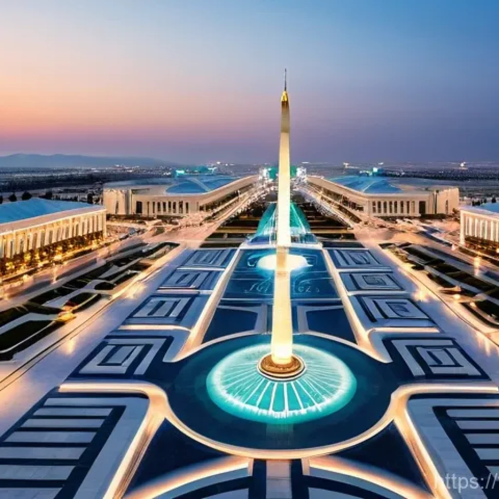 투르크메니스탄의 명소 여행기 - **Ashgabat's White Marble Splendor at Night:**
    A panoramic, high-angle shot of Ashgabat, Turkmen...