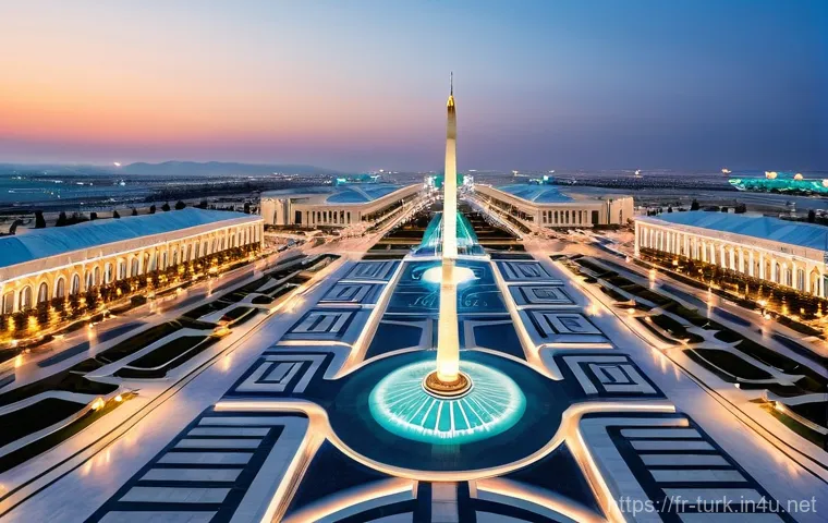 투르크메니스탄의 명소 여행기 - **Ashgabat's White Marble Splendor at Night:**
    A panoramic, high-angle shot of Ashgabat, Turkmen...