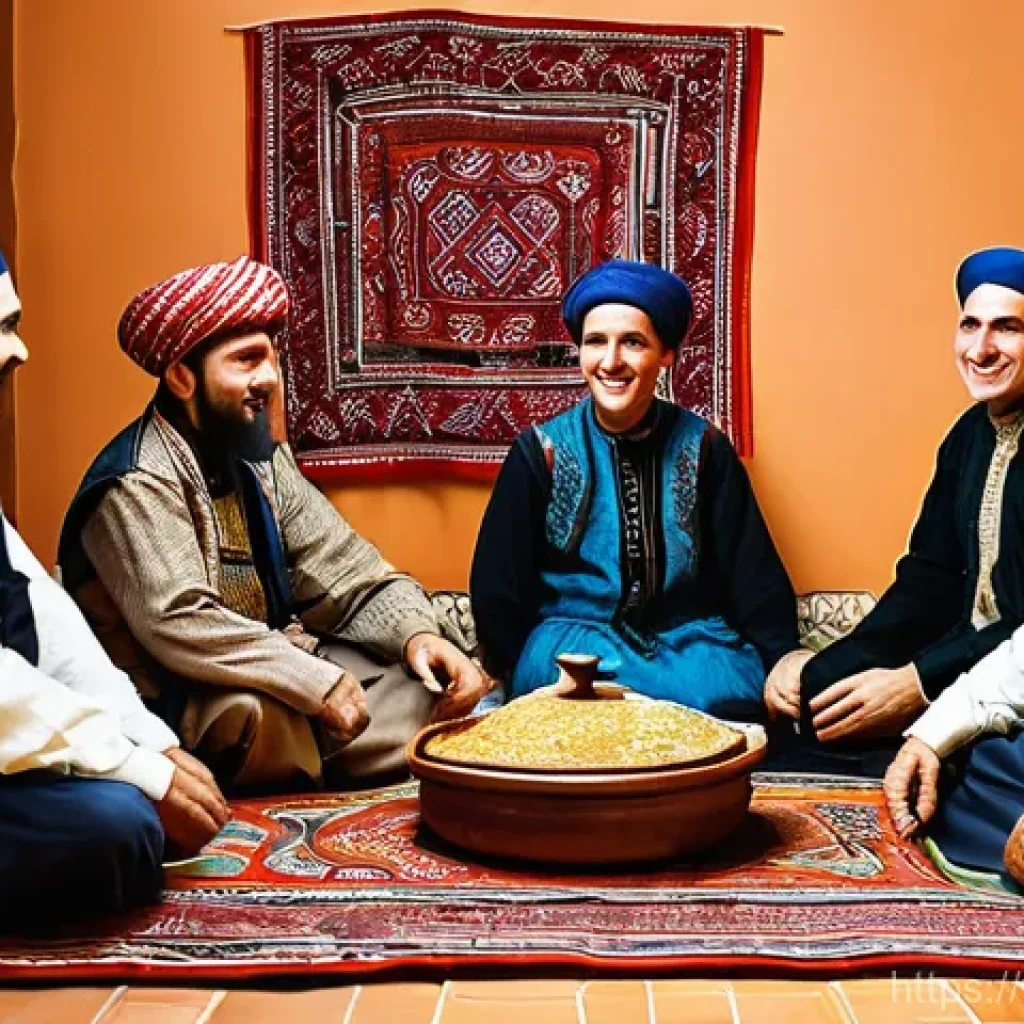 투르크메니스탄에서의 외국인 생활 - **Turkmen Hospitality and Traditional Meal:**
    "A vibrant scene inside a traditional Turkmen home...