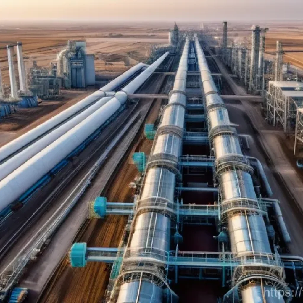 투르크메니스탄 경제 발전의 역사 - A panoramic, high-angle shot of a vast natural gas processing facility in Turkmenistan, showcasing i...