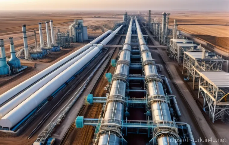 투르크메니스탄 경제 발전의 역사 - A panoramic, high-angle shot of a vast natural gas processing facility in Turkmenistan, showcasing i...