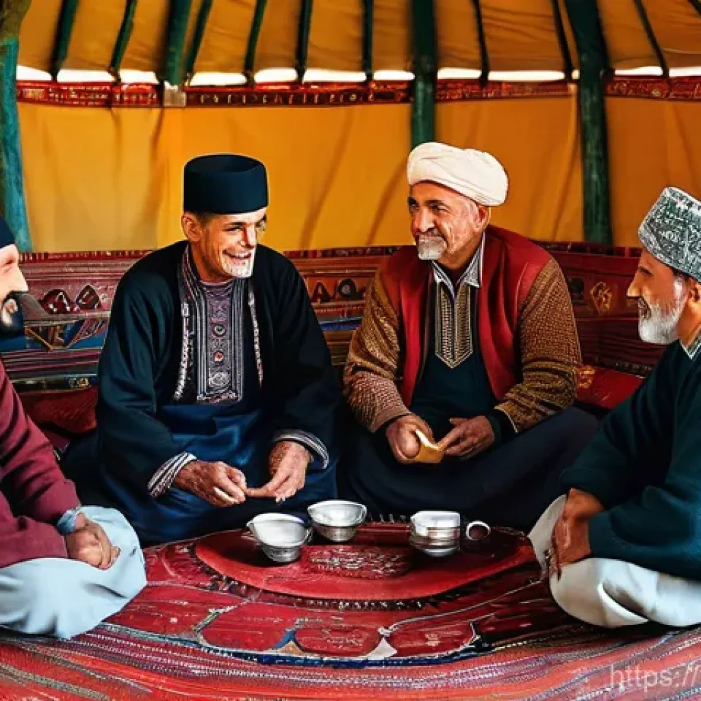 투르크메니스탄의 철학적 전통 - **"Golden Thread of Traditions: Intergenerational Respect and Hospitality"**
    A warmly lit interi...