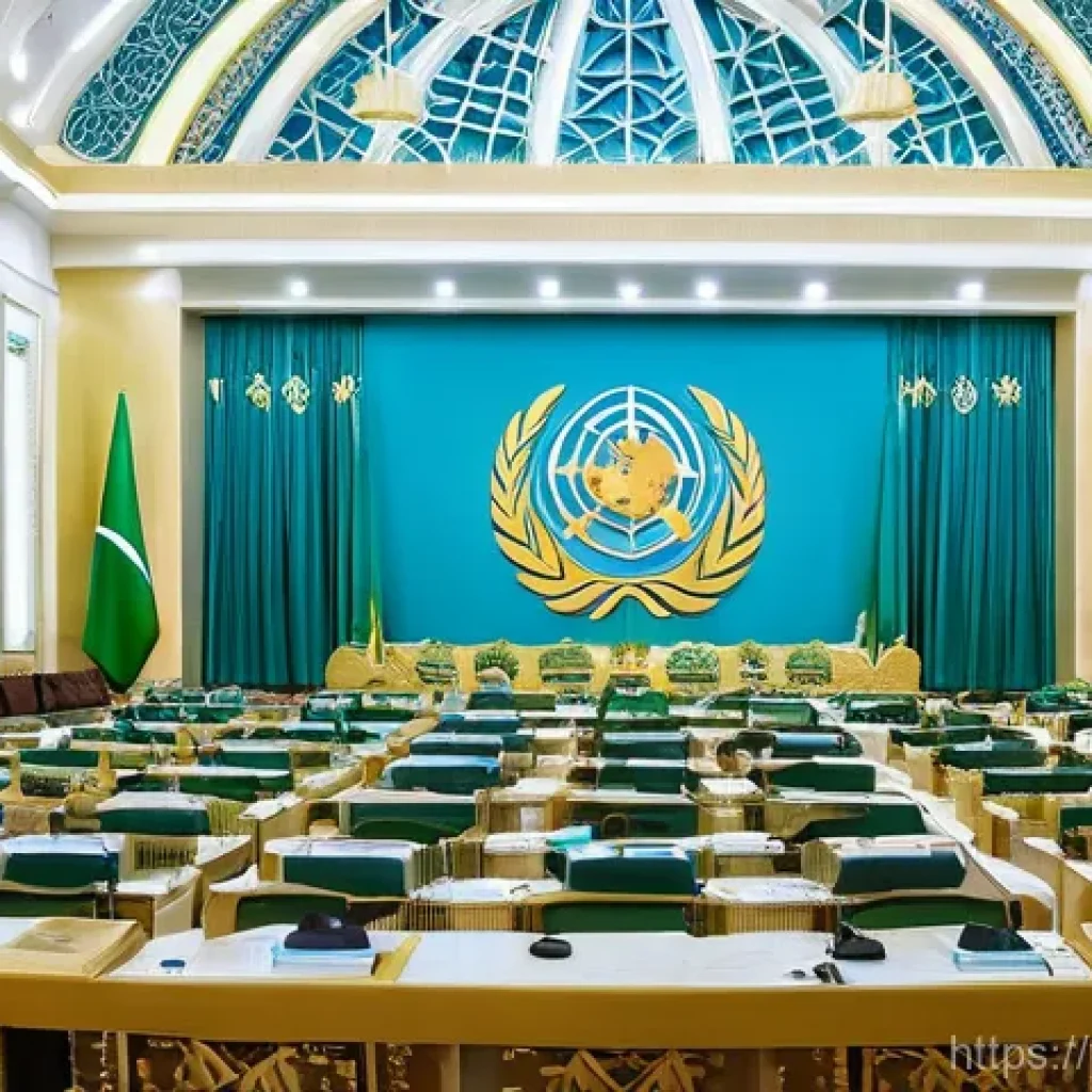 투르크메니스탄과 국제기구 협력 - **Ashgabat: Crossroads of Diplomacy**
    A vibrant, sunlit image of a grand, modern conference hall...