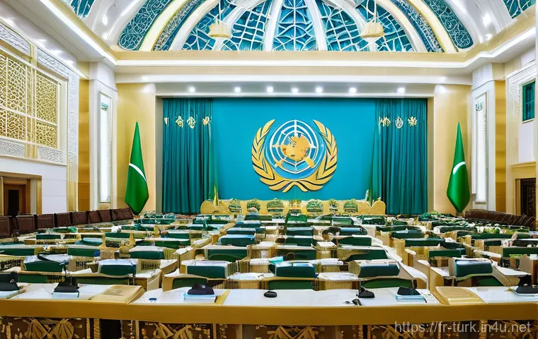 투르크메니스탄과 국제기구 협력 - **Ashgabat: Crossroads of Diplomacy**
    A vibrant, sunlit image of a grand, modern conference hall...