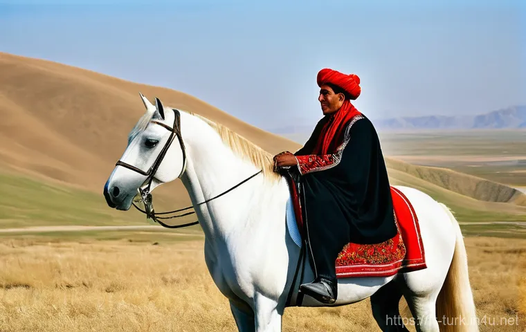 투르크메니스탄 민족성 - **Golden Akhal-Teke Horse with Turkmen Rider in Steppe**
    "A magnificent Akhal-Teke horse, often ...