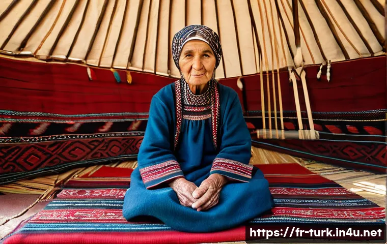투르크메니스탄 양탄자 - The Weaver's Artistry in the Steppes**

An elderly Turkmen woman, dressed in traditional, modest att...