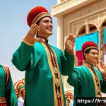 투르크메니스탄 독립기념일 - A vibrant street parade scene in Turkmenistan during Independence Day, featuring men and women weari...