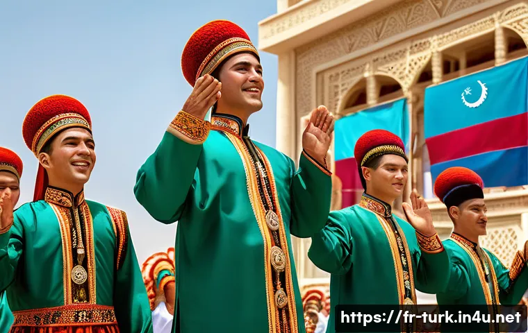 투르크메니스탄 독립기념일 - A vibrant street parade scene in Turkmenistan during Independence Day, featuring men and women weari...