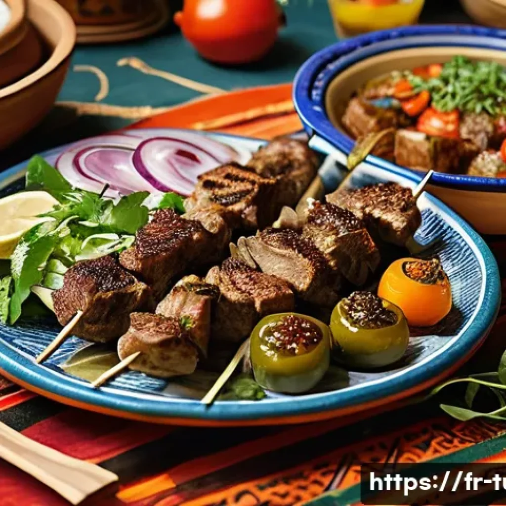 투르크메니스탄 요리법 - A traditional Turkmen feast setting showcasing a rustic wooden table laden with various dishes: skew...