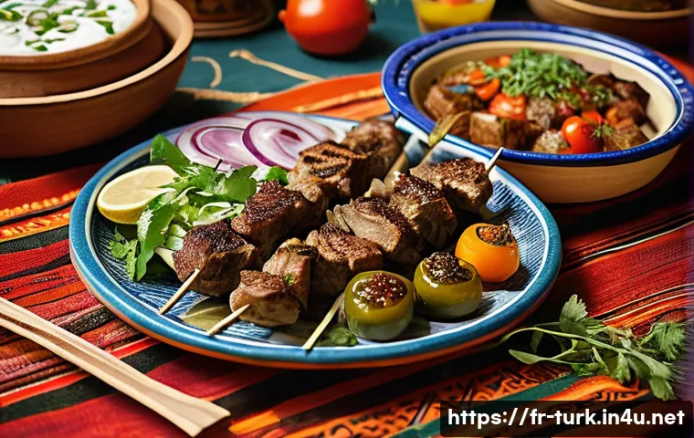 투르크메니스탄 요리법 - A traditional Turkmen feast setting showcasing a rustic wooden table laden with various dishes: skew...