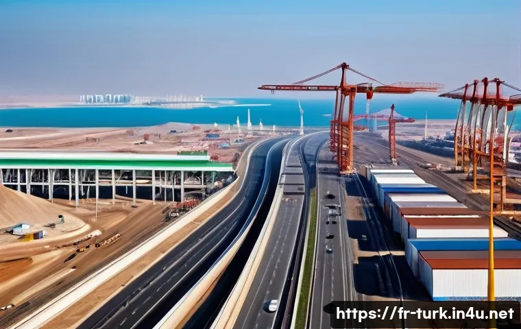 투르크메니스탄의 비즈니스 환경 - A modern Turkmenistan cityscape featuring new infrastructure projects: expansive highways, sleek rai...