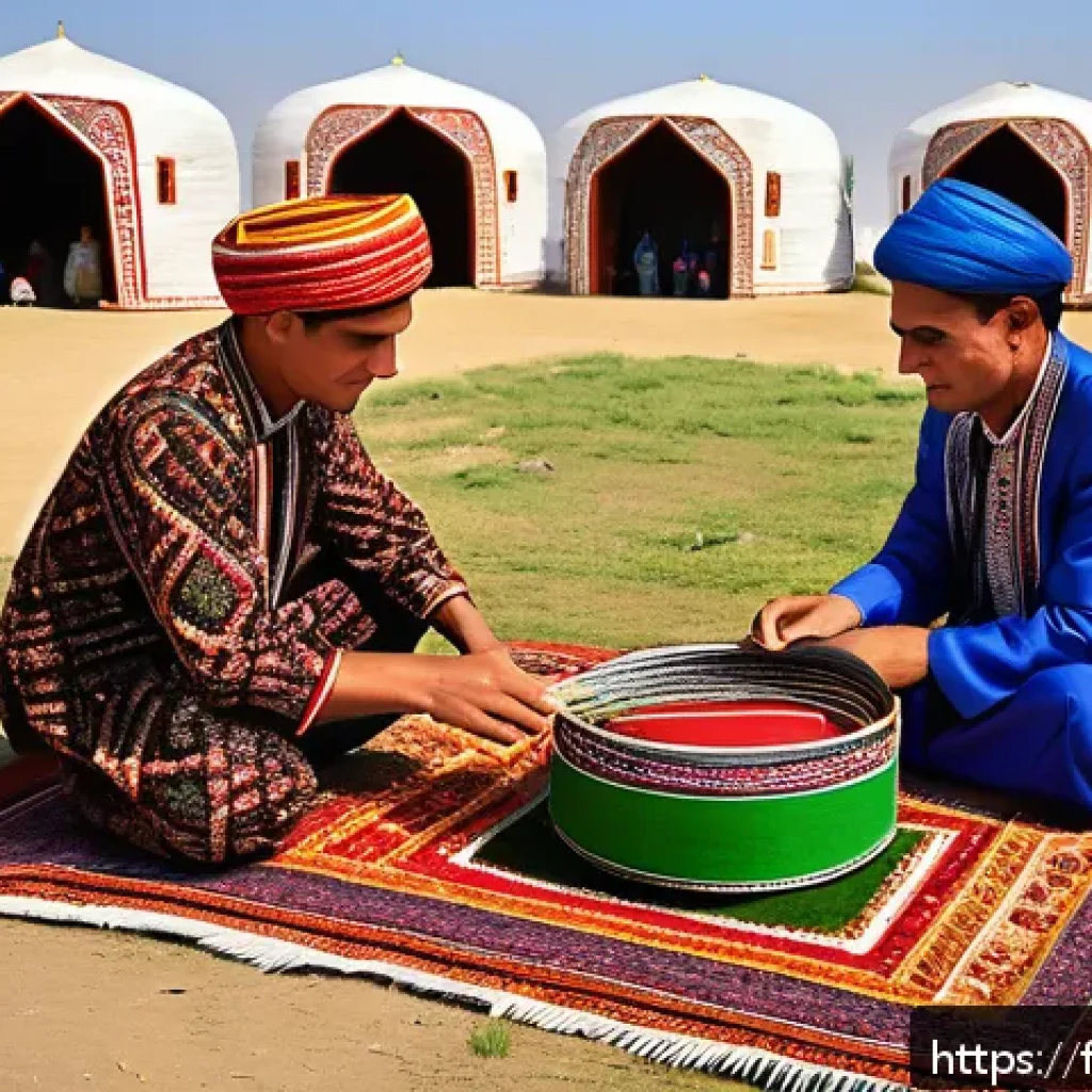 투르크메니스탄에서의 봉사활동 - A vibrant rural Turkmenistan village scene during a traditional festival, featuring men and women dr...