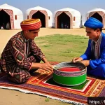 Home 20 투르크메니스탄에서의 봉사활동 - A vibrant rural Turkmenistan village scene during a traditional festival, featuring men and women dr...