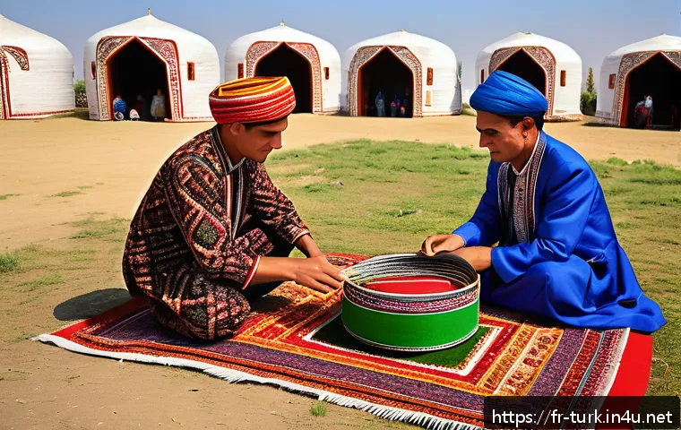투르크메니스탄에서의 봉사활동 - A vibrant rural Turkmenistan village scene during a traditional festival, featuring men and women dr...