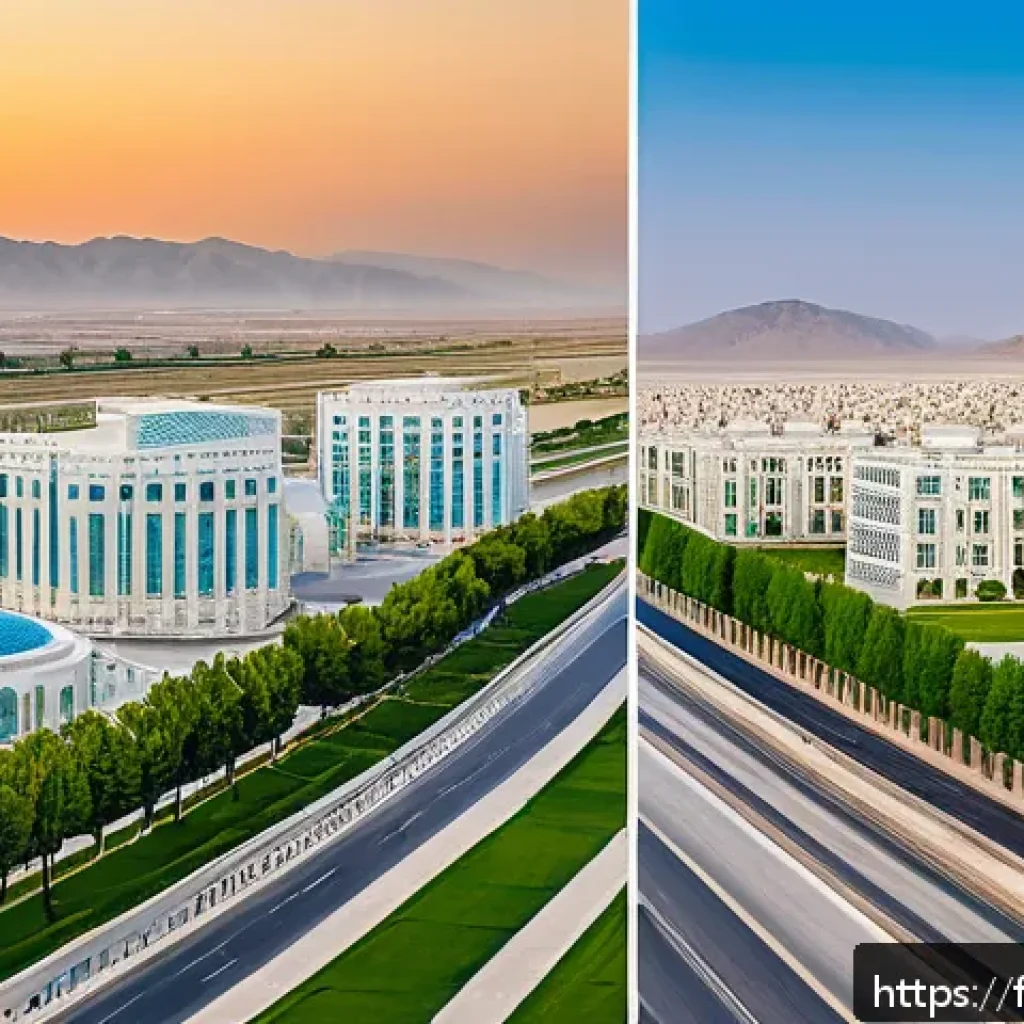 투르크메니스탄 정치 체제 - A panoramic urban scene of Ashgabat, Turkmenistan’s capital, showcasing modern white marble building...