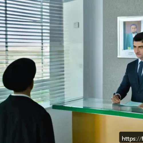 Home 30 투르크메니스탄 비자 발급 절차 - A detailed scene of a traveler at a Turkmenistan consulate, submitting a visa application. The setti...