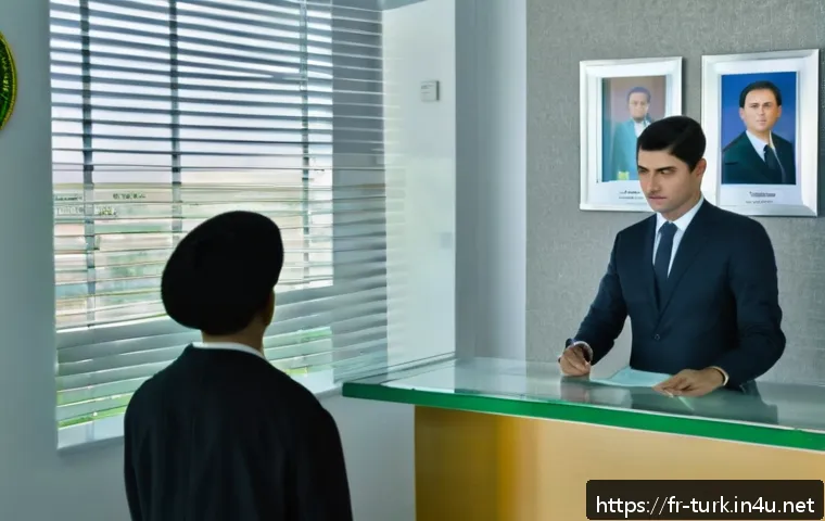 투르크메니스탄 비자 발급 절차 - A detailed scene of a traveler at a Turkmenistan consulate, submitting a visa application. The setti...