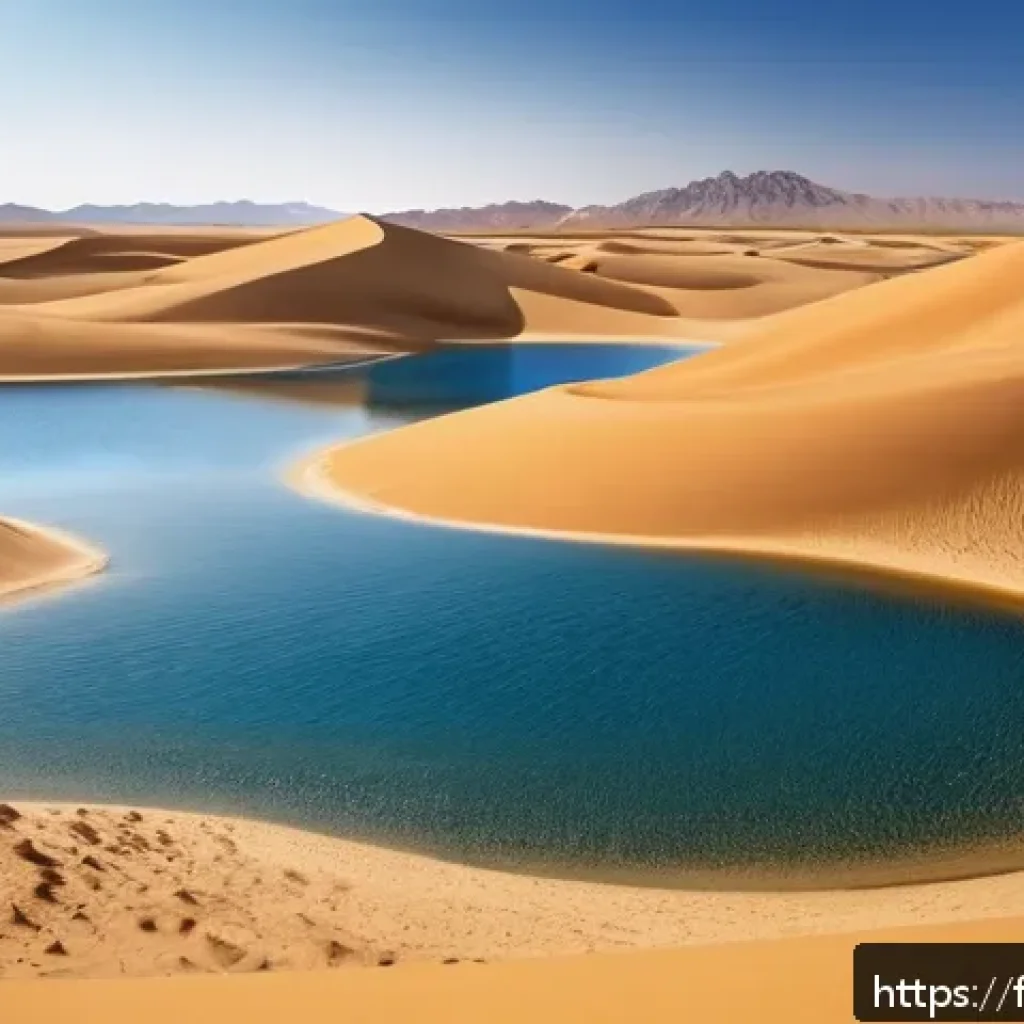 투르크메니스탄 지역별 여행 추천 - A vast desert landscape of the Karakum Desert under a deep blue sky, featuring endless golden sand d...