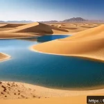 Home 23 투르크메니스탄 지역별 여행 추천 - A vast desert landscape of the Karakum Desert under a deep blue sky, featuring endless golden sand d...