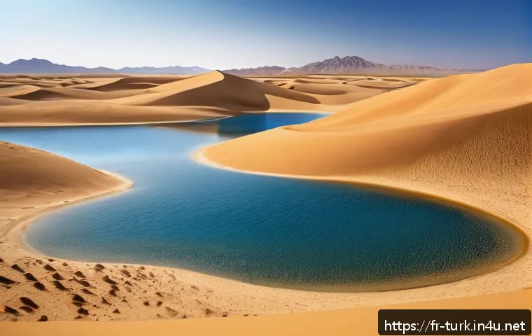 투르크메니스탄 지역별 여행 추천 - A vast desert landscape of the Karakum Desert under a deep blue sky, featuring endless golden sand d...
