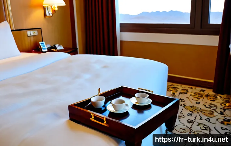 투르크메니스탄 숙박 시설 정보 - Photorealistic elegant hotel room in Ashgabat, Turkmenistan, featuring white marble accents, soft iv...