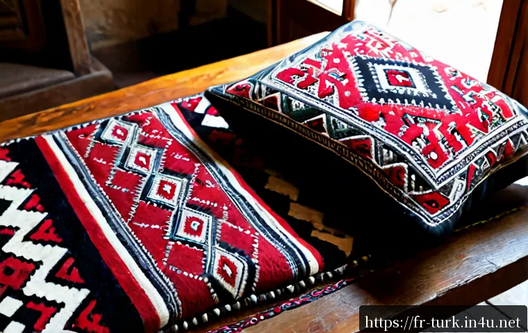 투르크메니스탄 수공예품 - Photorealistic close-up of traditional Turkmen handmade textiles and felt crafts displayed on a rust...